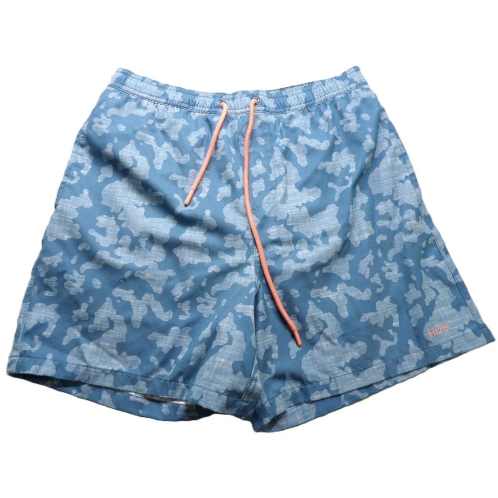 Huk Men Swim Trunks Blue Camo Performance Fishing Board Shorts Drawstring Small